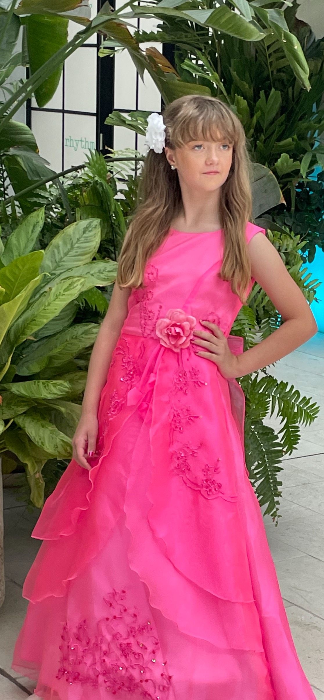 Girls Size 14 Prom Floral Hot Pink Floor Length Maxi on Queenly