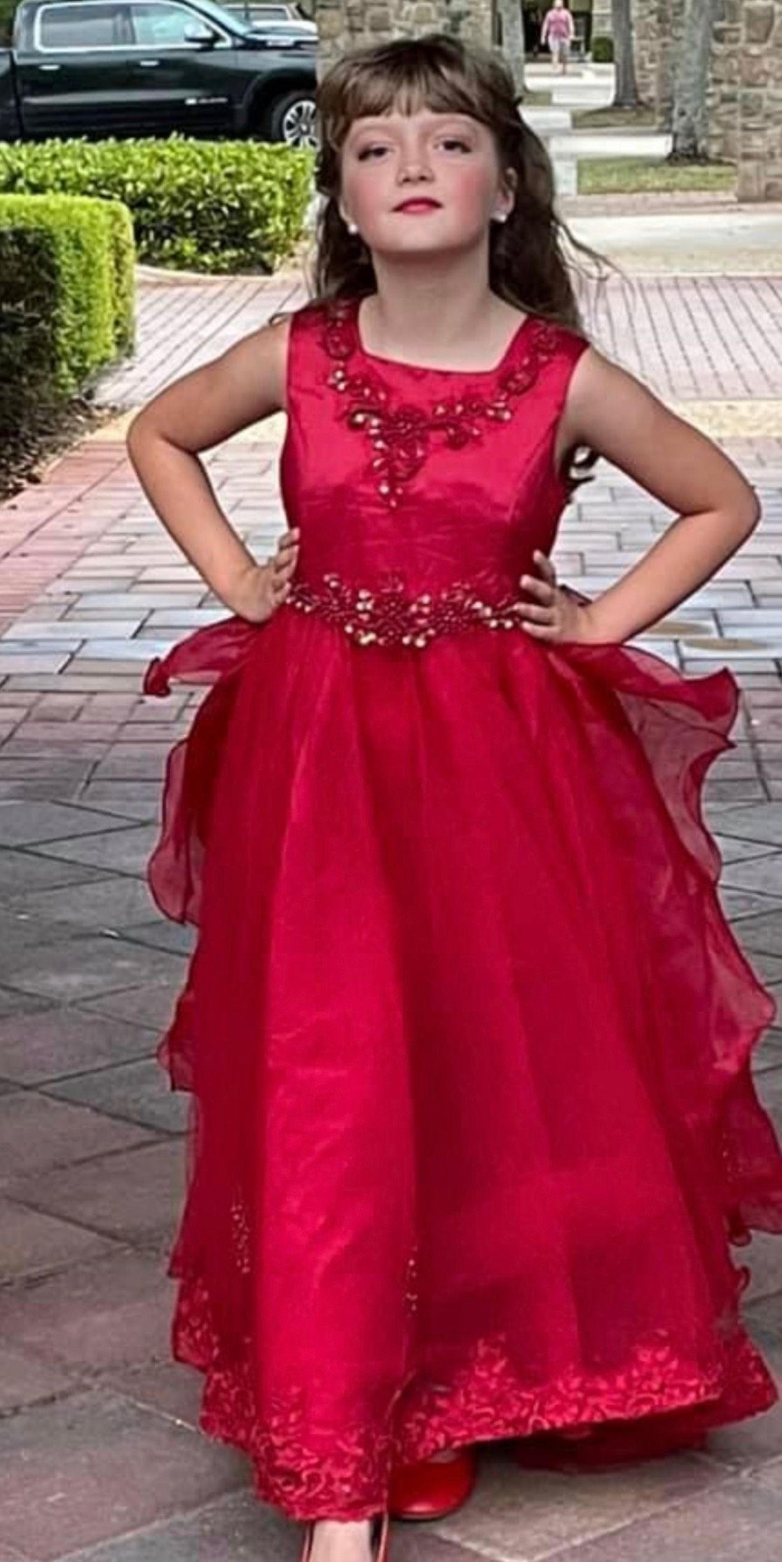Girls Size 14 Pageant Red Dress With Train on Queenly