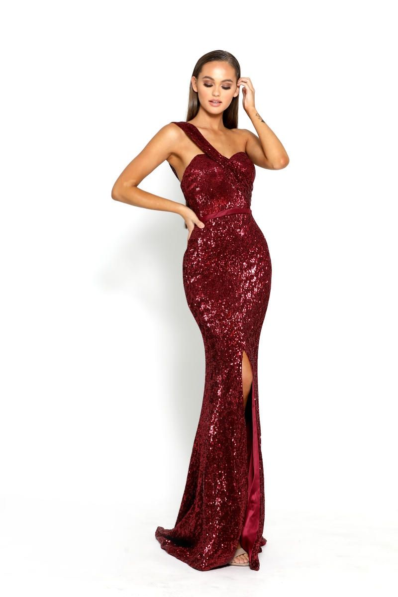 Style PS2061 Portia and Scarlett Size 6 Prom One Shoulder Sheer Burgundy Red Side Slit Dress on Queenly