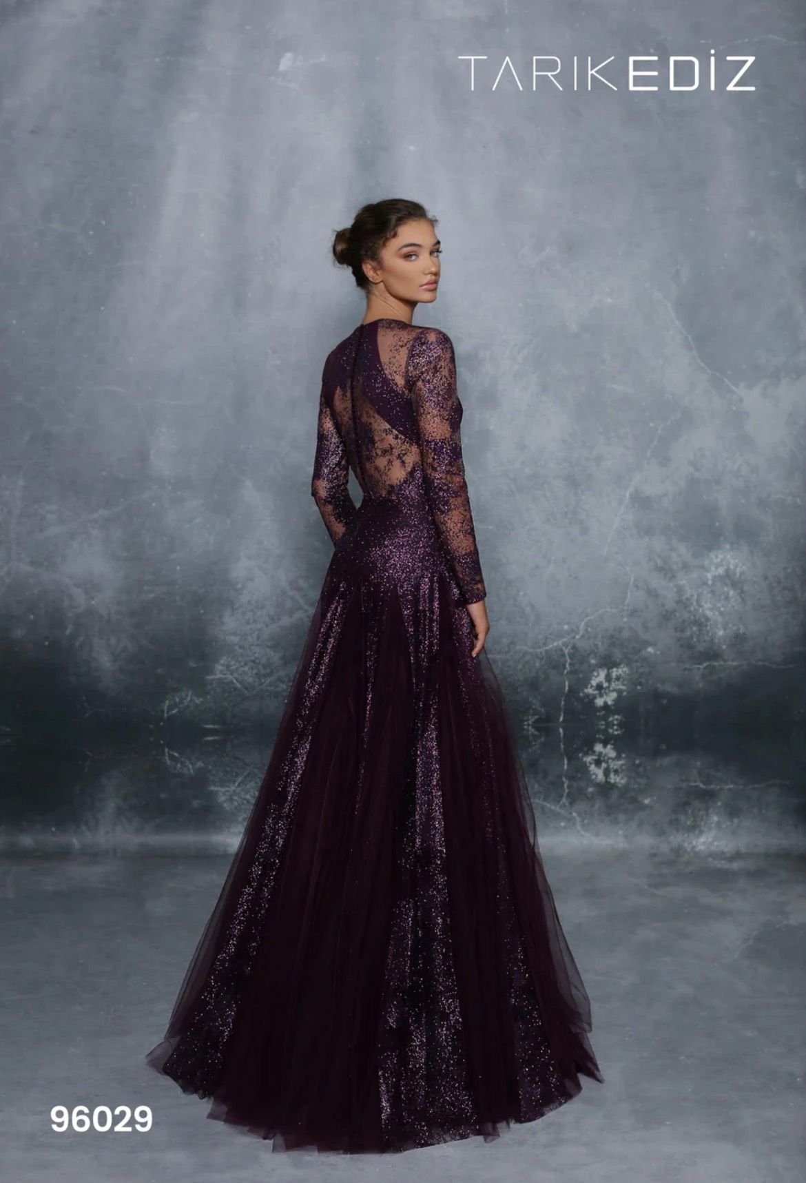 Style 96029 Tarik Ediz Size 10 Prom Long Sleeve Sheer Purple A-line Dress on Queenly