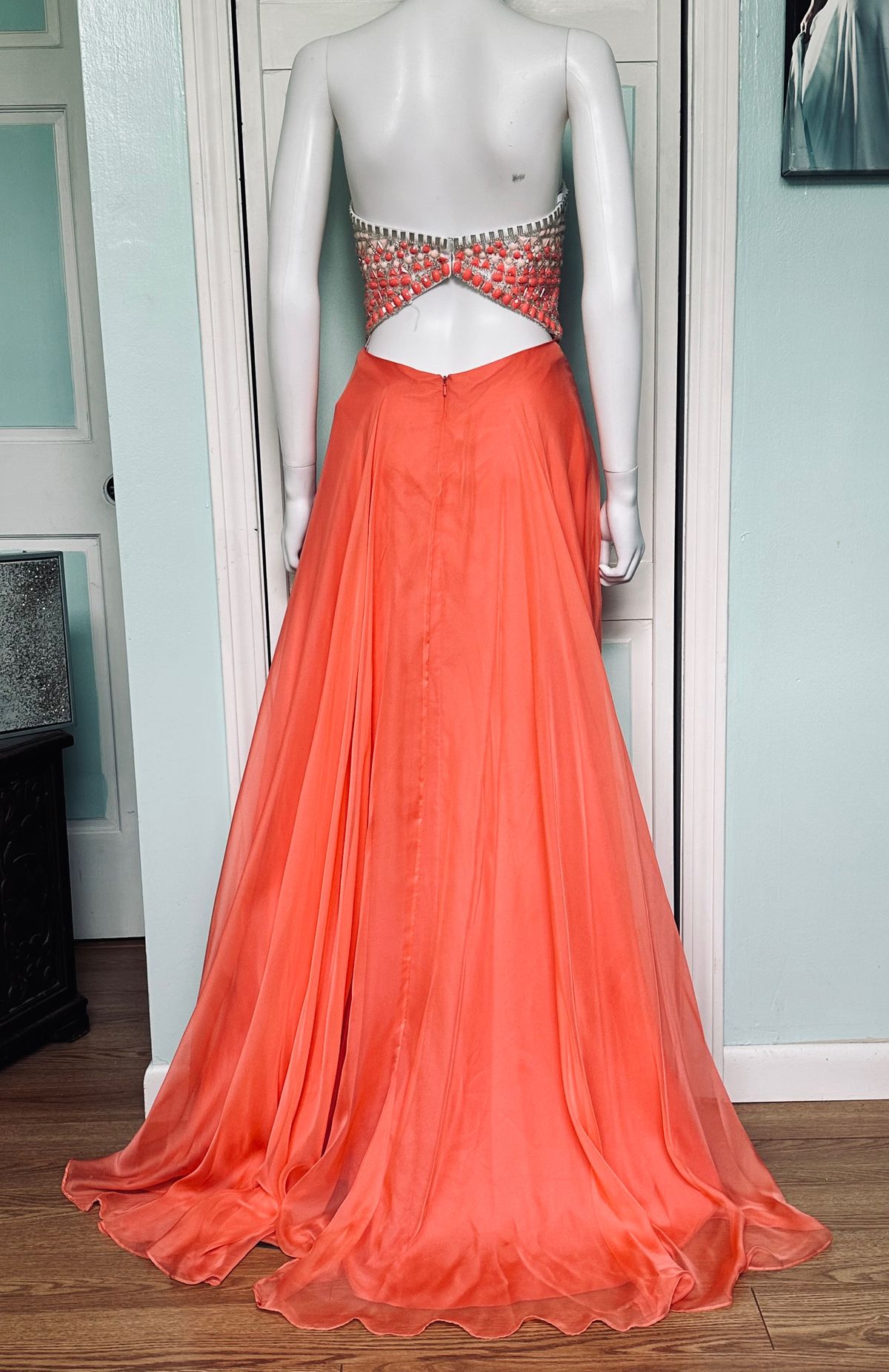 Style 7130 Rachel Allan Size 12 Prom Strapless Sequined Orange A-line Dress on Queenly