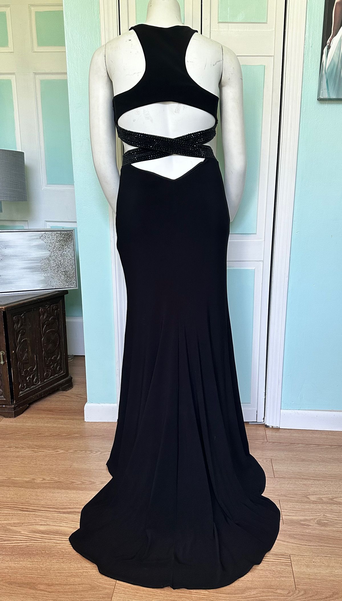Style 22206 La Femme Size 14 Prom High Neck Sequined Black Mermaid Dress on Queenly