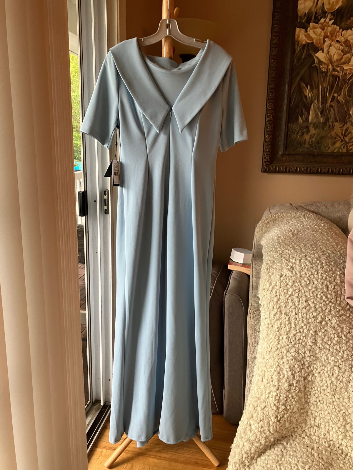 Adrianna Papell Size 8 Wedding Guest Off The Shoulder Light Blue Floor Length Maxi on Queenly