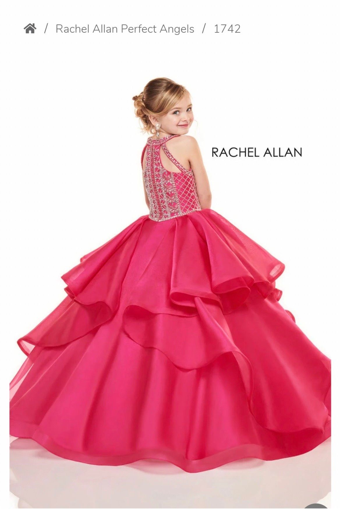 Style 1742 Rachel Allan Girls Size 14 Pageant High Neck Sequined Pink Ball Gown on Queenly