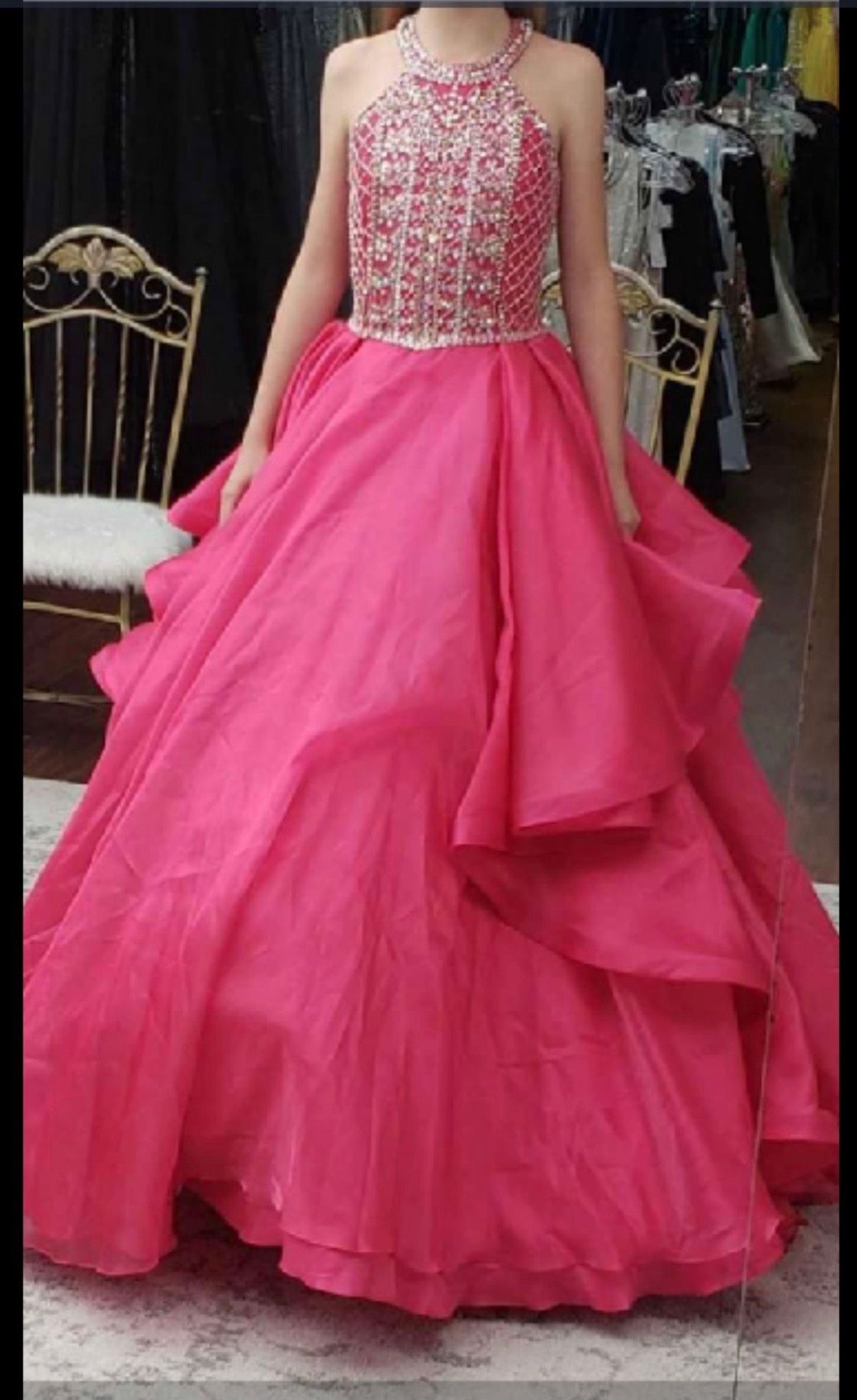 Style 1742 Rachel Allan Girls Size 14 Pageant High Neck Sequined Pink Ball Gown on Queenly