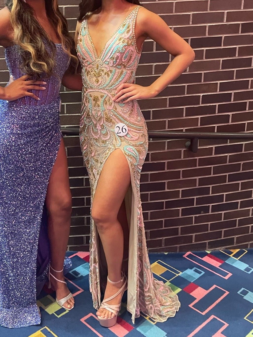 Jovani Size 0 Pageant Plunge Multicolor Side Slit Dress on Queenly