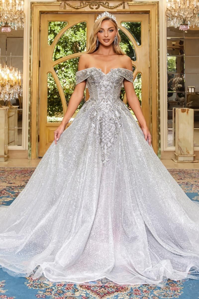 Style PS22953 Portia and Scarlett Size 2 Prom Off The Shoulder Sequined Silver Ball Gown on Queenly