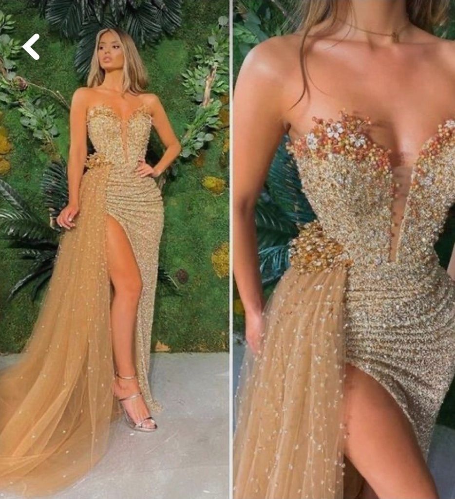 Size L Prom Plunge Gold Ball Gown on Queenly