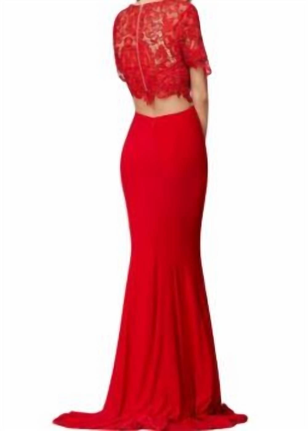 Style 1-3454618834-649 JOVANI Size 2 Pageant Lace Red Side Slit Dress on Queenly