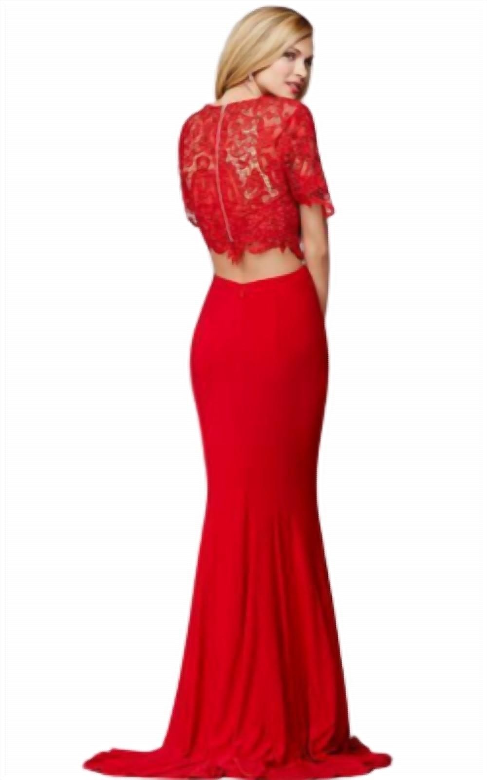 Style 1-3454618834-649 JOVANI Size 2 Pageant Lace Red Side Slit Dress on Queenly