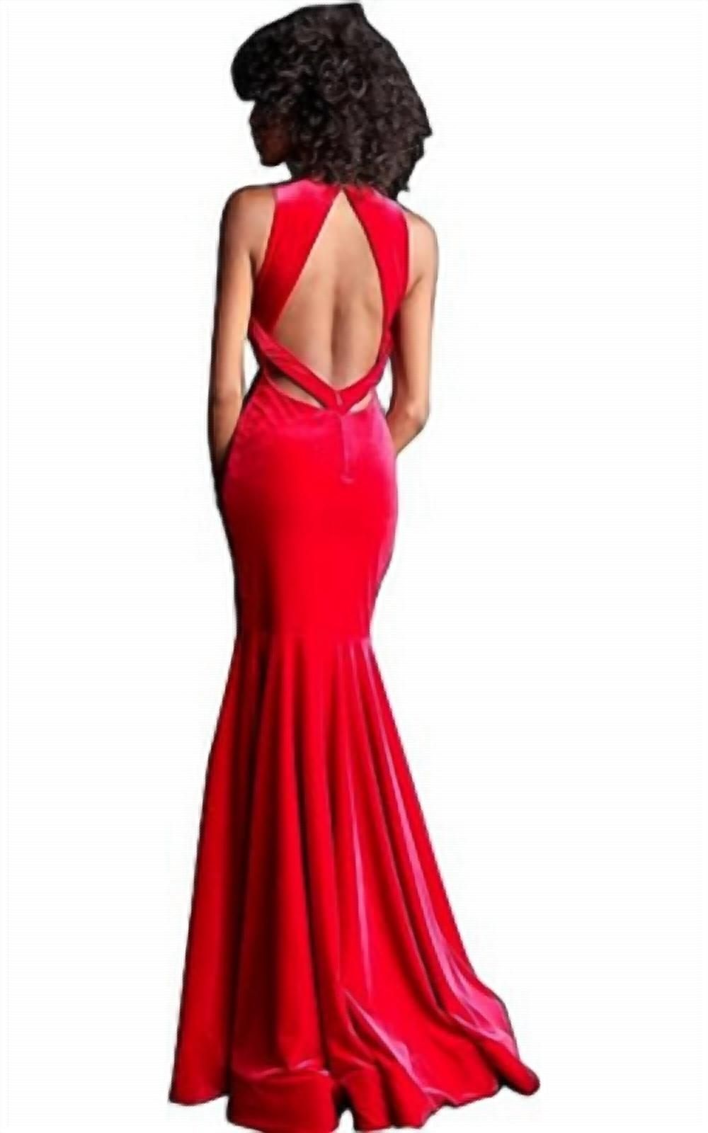 Style 1-797090866-1498 JOVANI Size 4 Plunge Velvet Red Mermaid Dress on Queenly