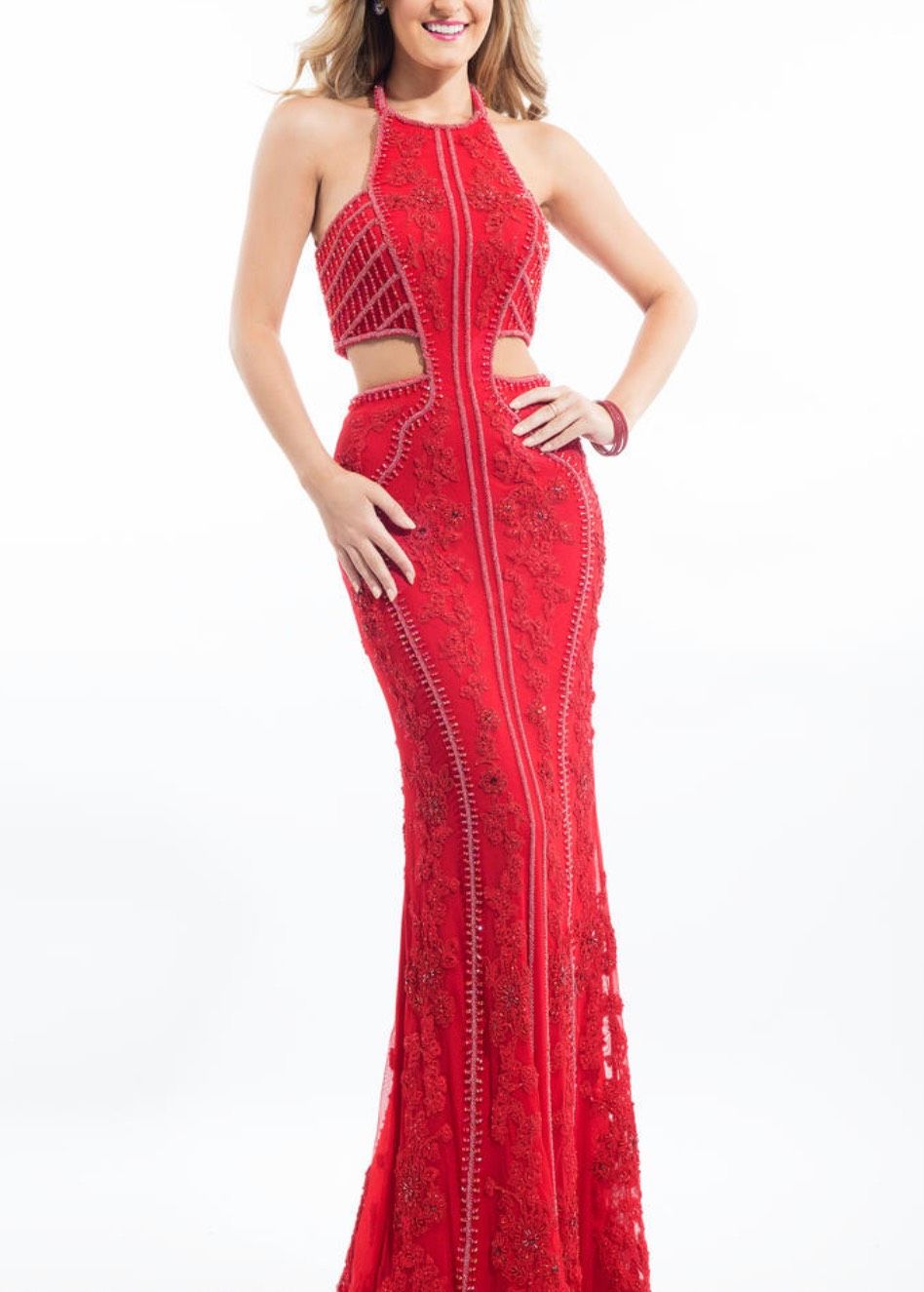 Style 7202RA Rachel Allan Size 6 Prom High Neck Red A-line Dress on Queenly