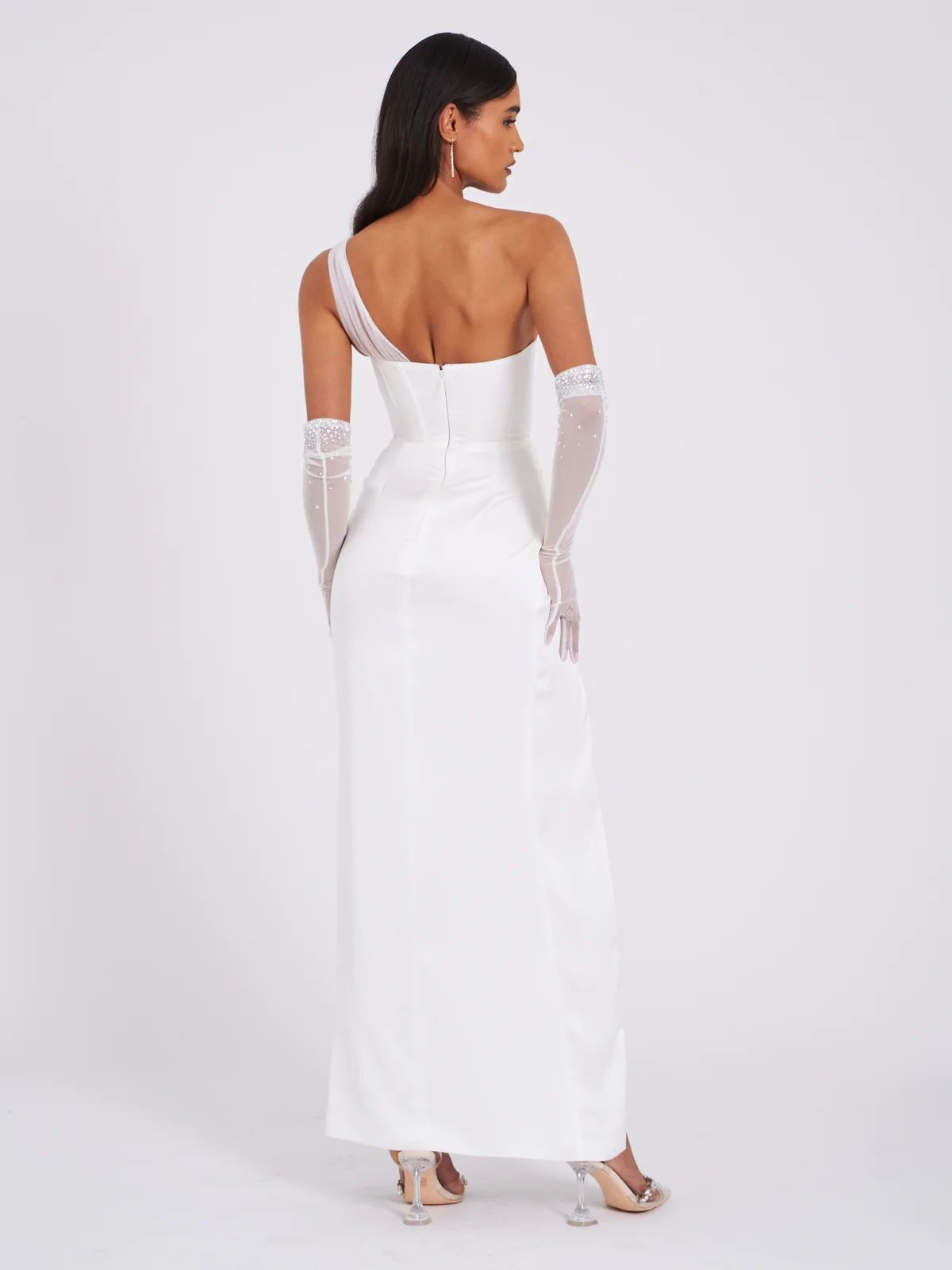 Style 2524MC33White MISS LOLA Size 12 Wedding One Shoulder Sequined White Side Slit Dress on Queenly