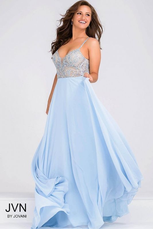 Style 33701 Jovani Size 10 Prom Plunge Light Blue A-line Dress on Queenly
