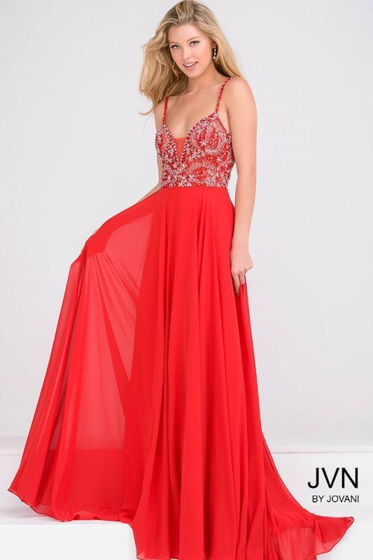 Style 33701 Jovani Size 4 Prom Plunge Red A-line Dress on Queenly