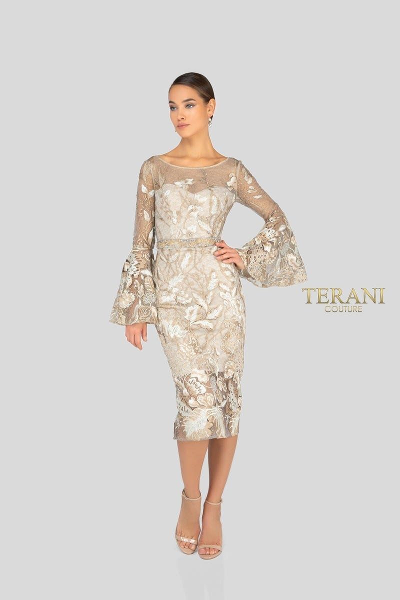Style 1913C9065 Terani Couture Size 4 Homecoming Long Sleeve Lace Nude Cocktail Dress on Queenly