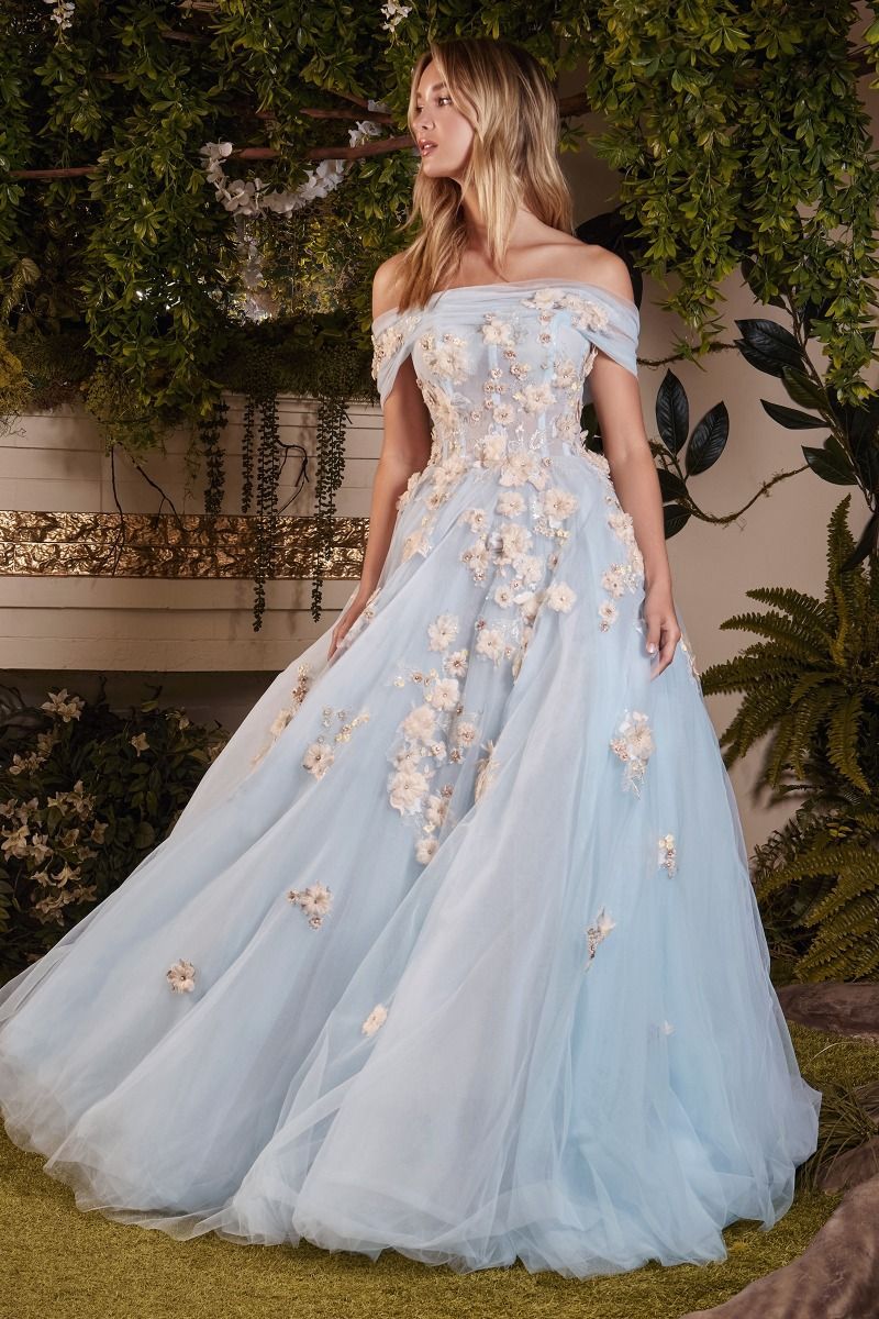 Style CDA1048 Andrea and Leo Size 14 Prom Off The Shoulder Blue Ball Gown on Queenly