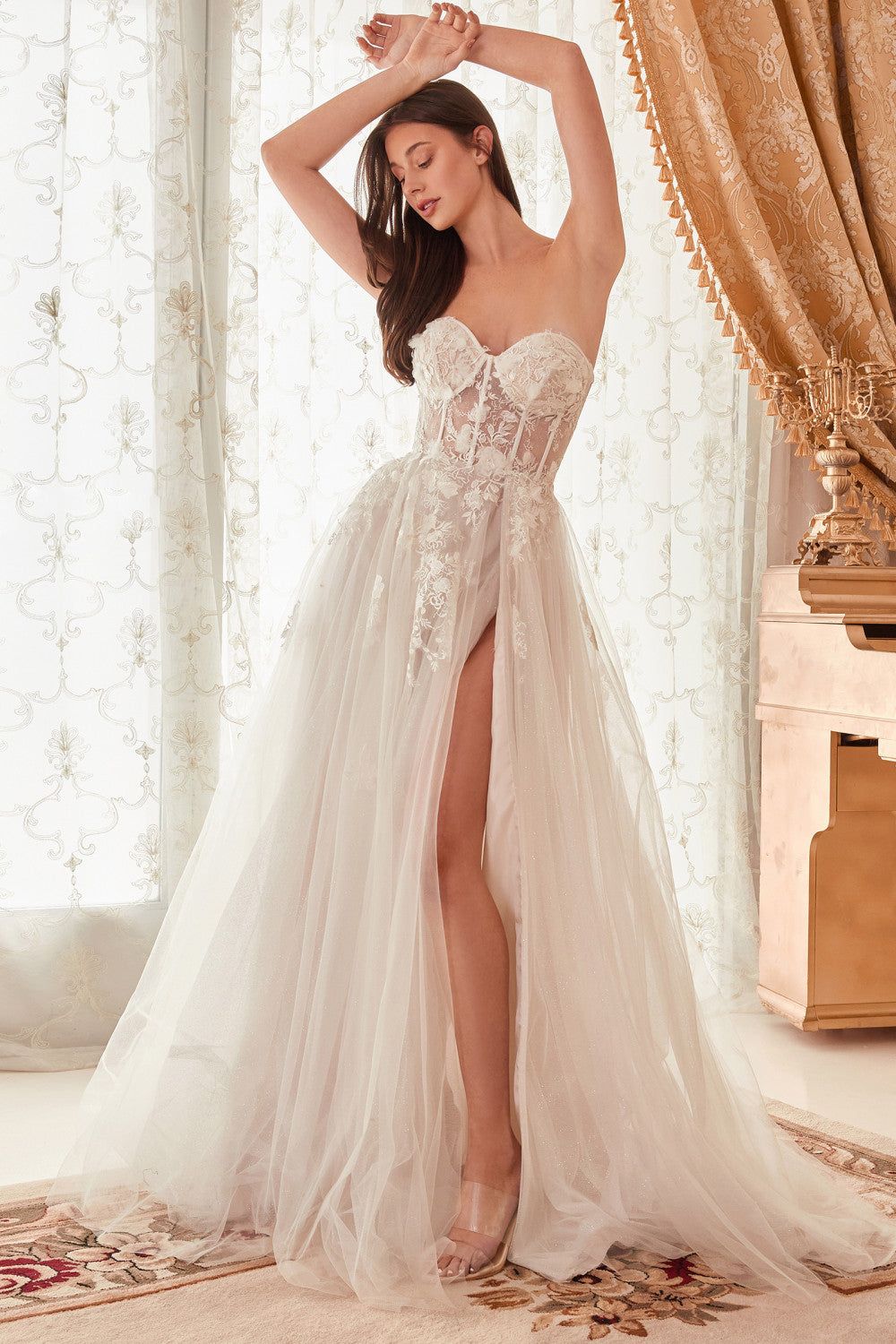 A-line wedding dress with floral applique and ruched bodice