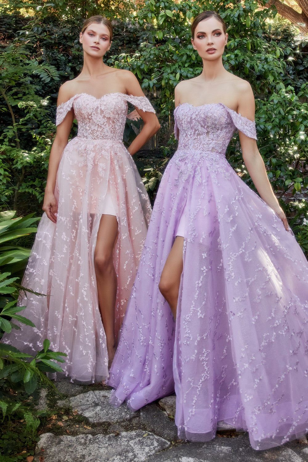 Style CDA1207 Andrea and Leo Size 10 Prom Off The Shoulder Lace Purple Side Slit Dress on Queenly