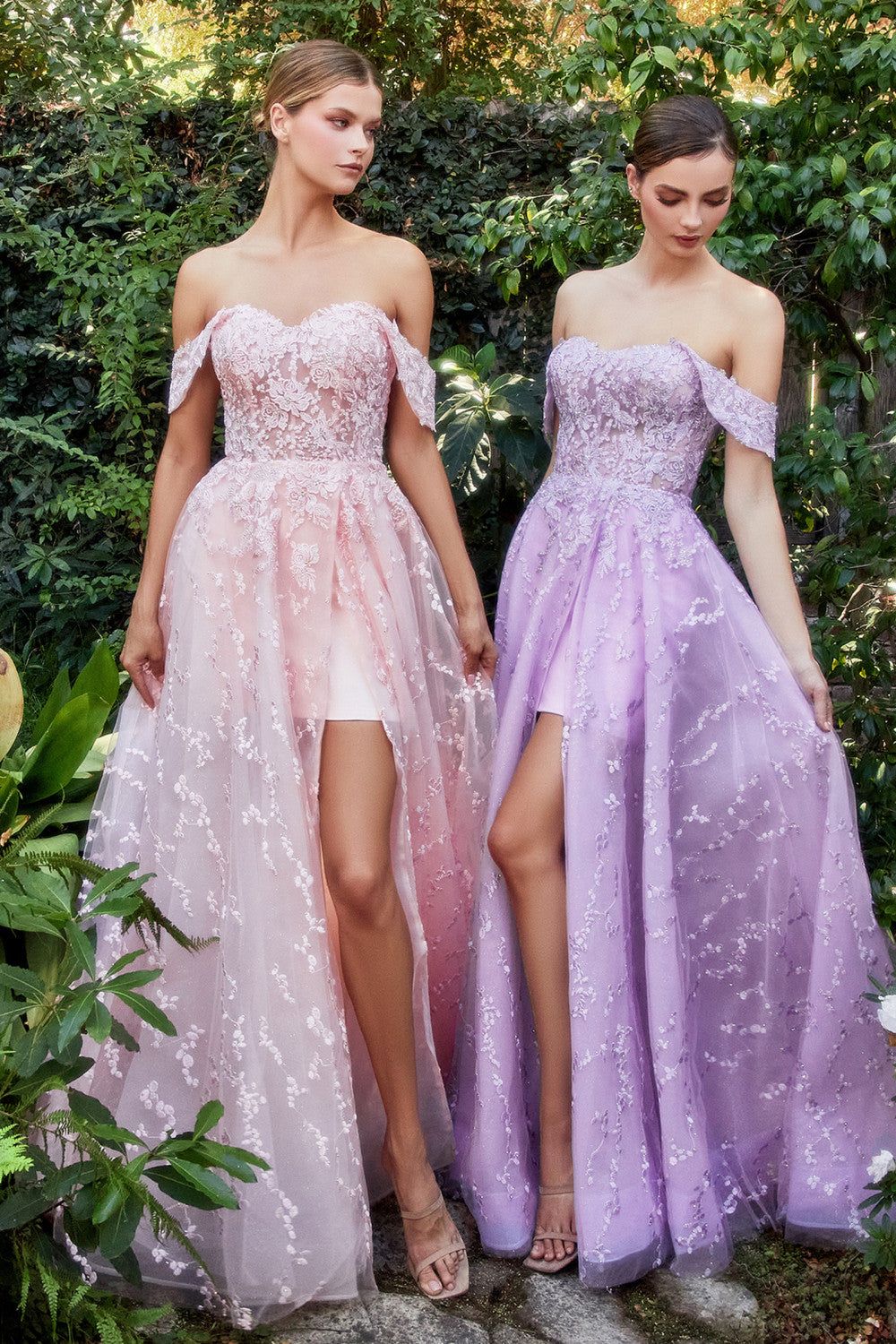 Style CDA1207 Andrea and Leo Size 2 Prom Off The Shoulder Lace Pink Side Slit Dress on Queenly