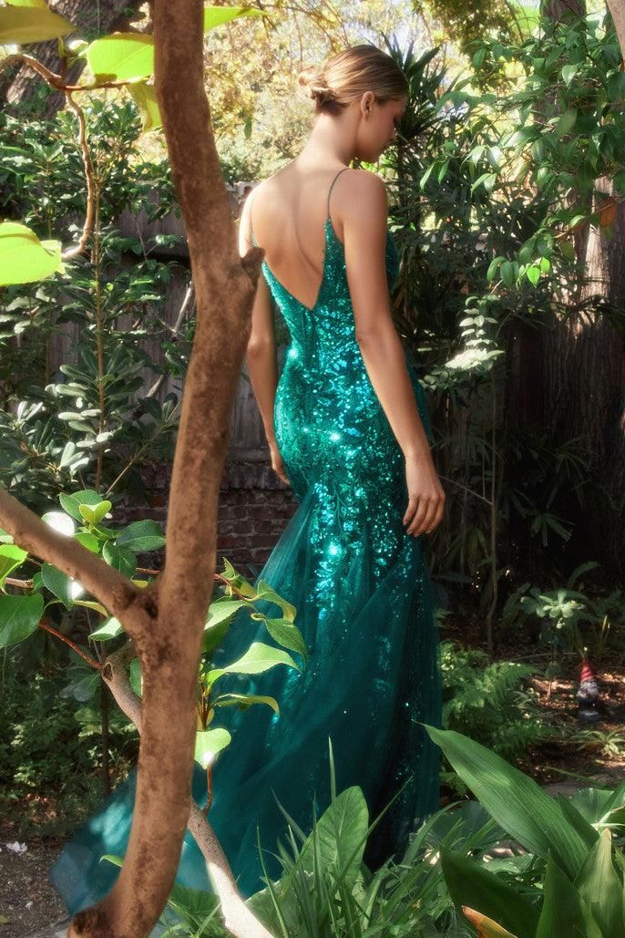Style CDA1118 Andrea and Leo Size 8 Prom Plunge Lace Emerald Green Mermaid Dress on Queenly