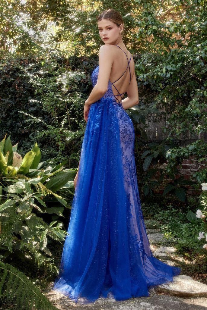 Style CDA1164 Andrea and Leo Size 12 Prom Plunge Royal Blue Side Slit Dress on Queenly