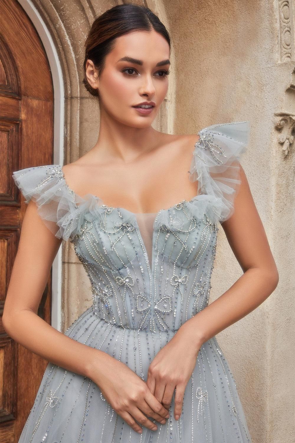 Style CDA1092 Andrea and Leo Size 6 Prom Off The Shoulder Sheer Gray Ball Gown on Queenly