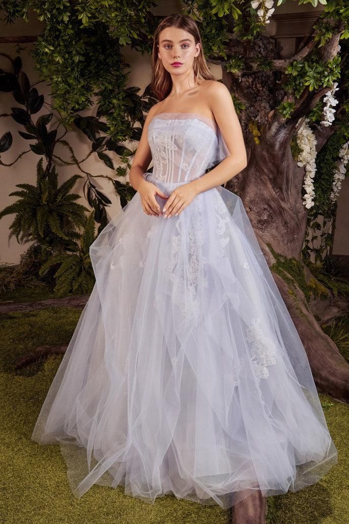 Style CDA1050 Andrea and Leo Size 12 Prom Strapless Lace Blue Ball Gown on Queenly