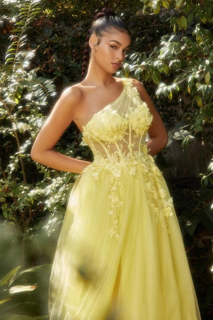 Style CDA1140 Andrea and Leo Size 2 One Shoulder Yellow Side Slit Dress on Queenly