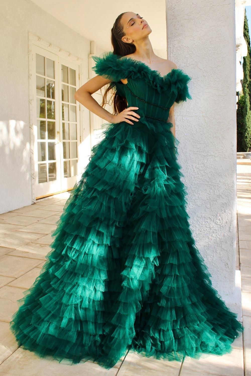 Style CDA1032 Andrea and Leo Size 8 Pageant Off The Shoulder Emerald Green Ball Gown on Queenly