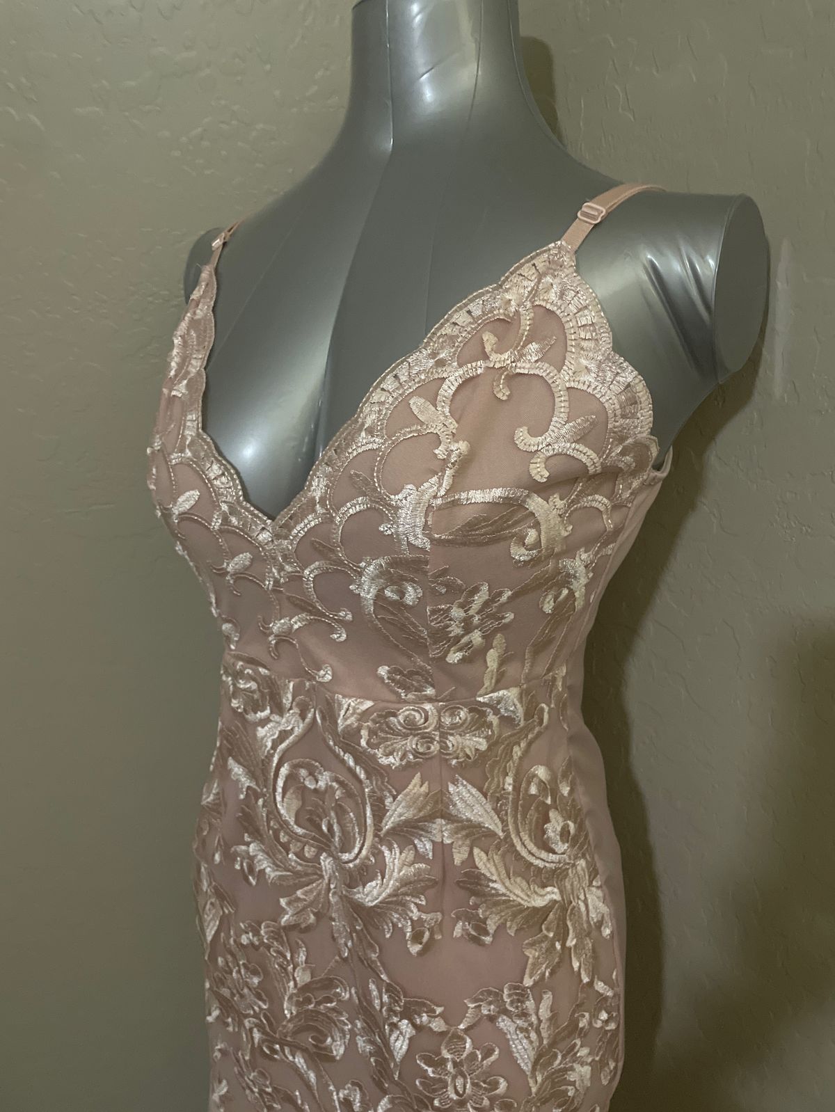 Pretty Little Thing Size 6 Prom Plunge Nude Floor Length Maxi on Queenly