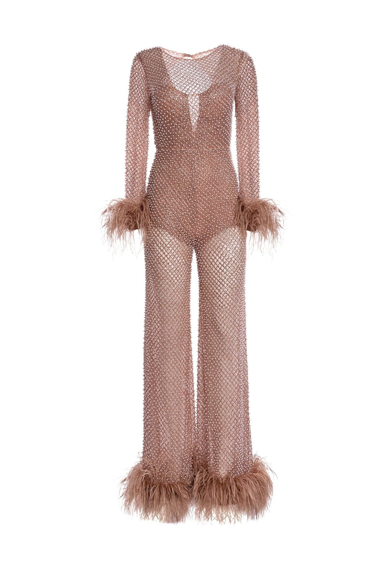 Style Maragaux Alamour The Label Size XS Long Sleeve Sheer Nude Formal Jumpsuit on Queenly