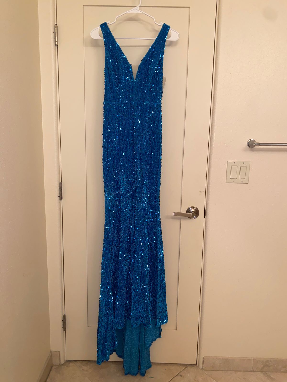 Size 4 Pageant Plunge Sheer Blue Mermaid Dress on Queenly