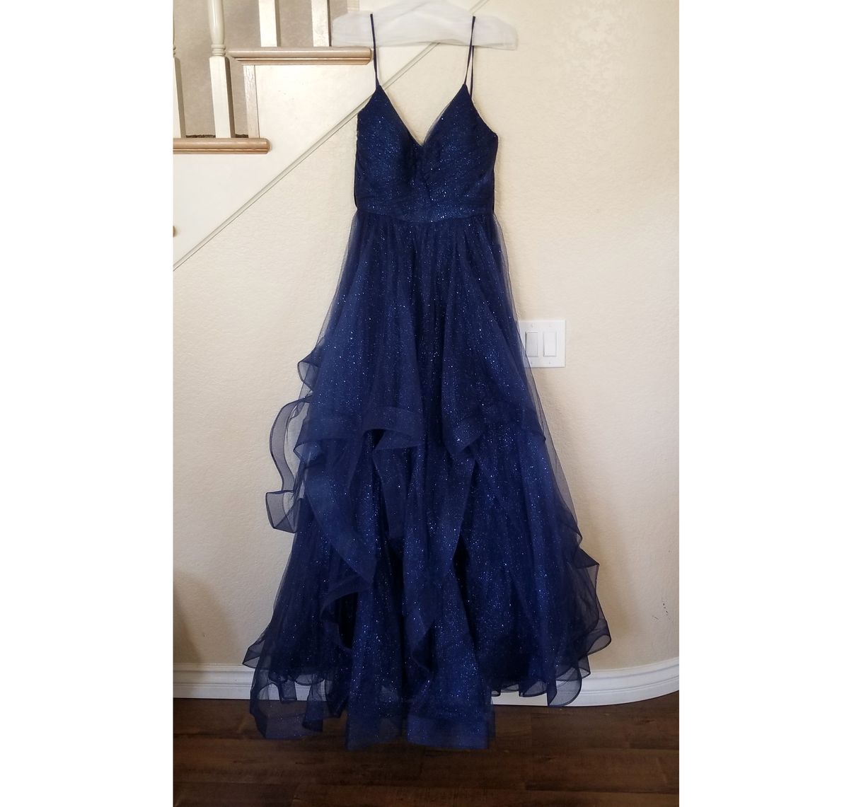 Style Navy Blue Sparkle Glitter Tulle Ruffle Ball Gown Dylan & David Size 12 Blue Ball Gown on Queenly