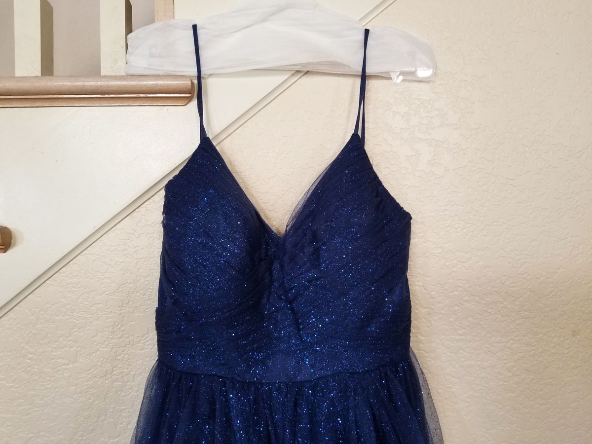 Style Navy Blue Sparkle Glitter Tulle Ruffle Ball Gown Dylan & David Size 12 Blue Ball Gown on Queenly