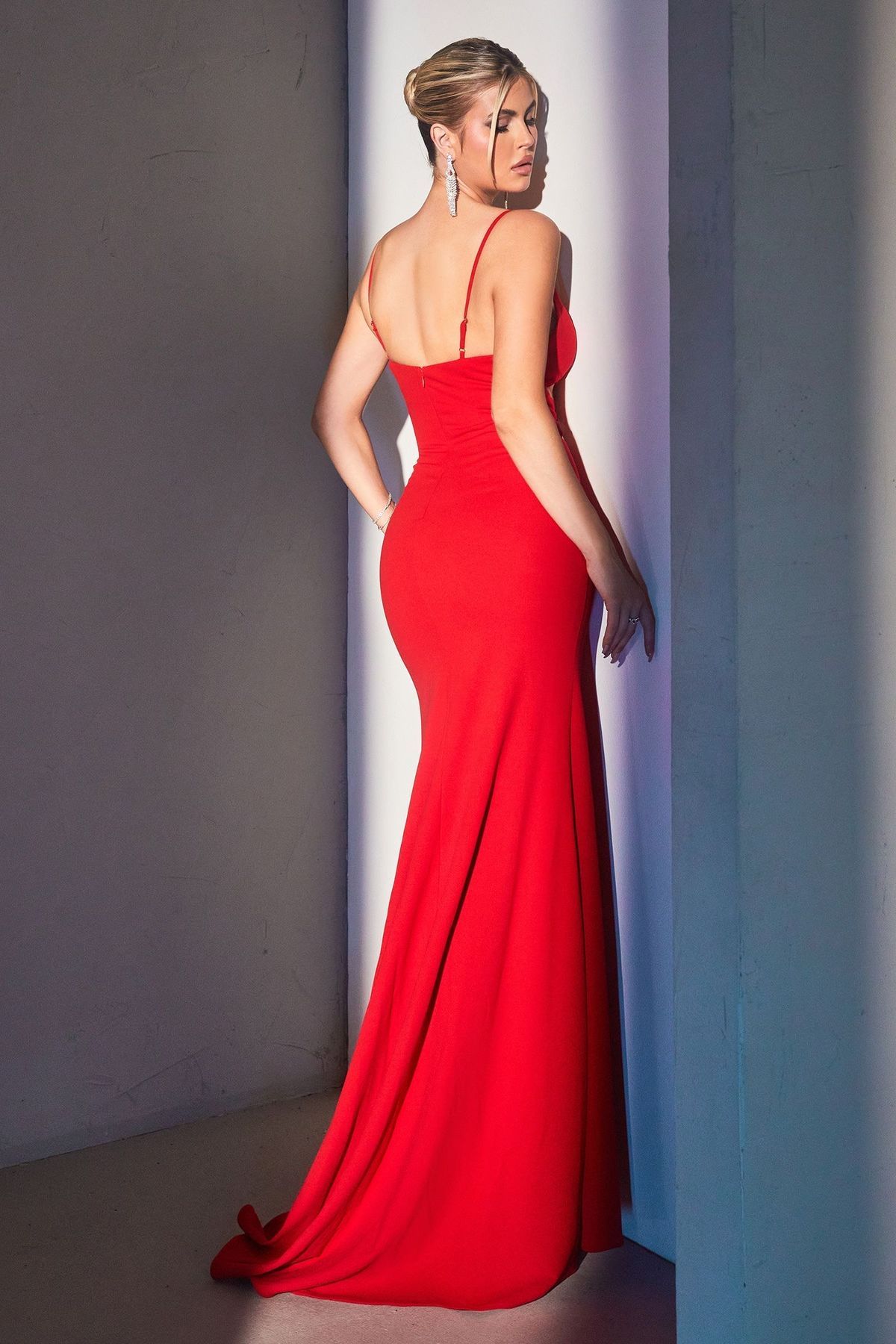 Style CH129 Cinderella Divine Size XS Prom Plunge Red Side Slit Dress on Queenly