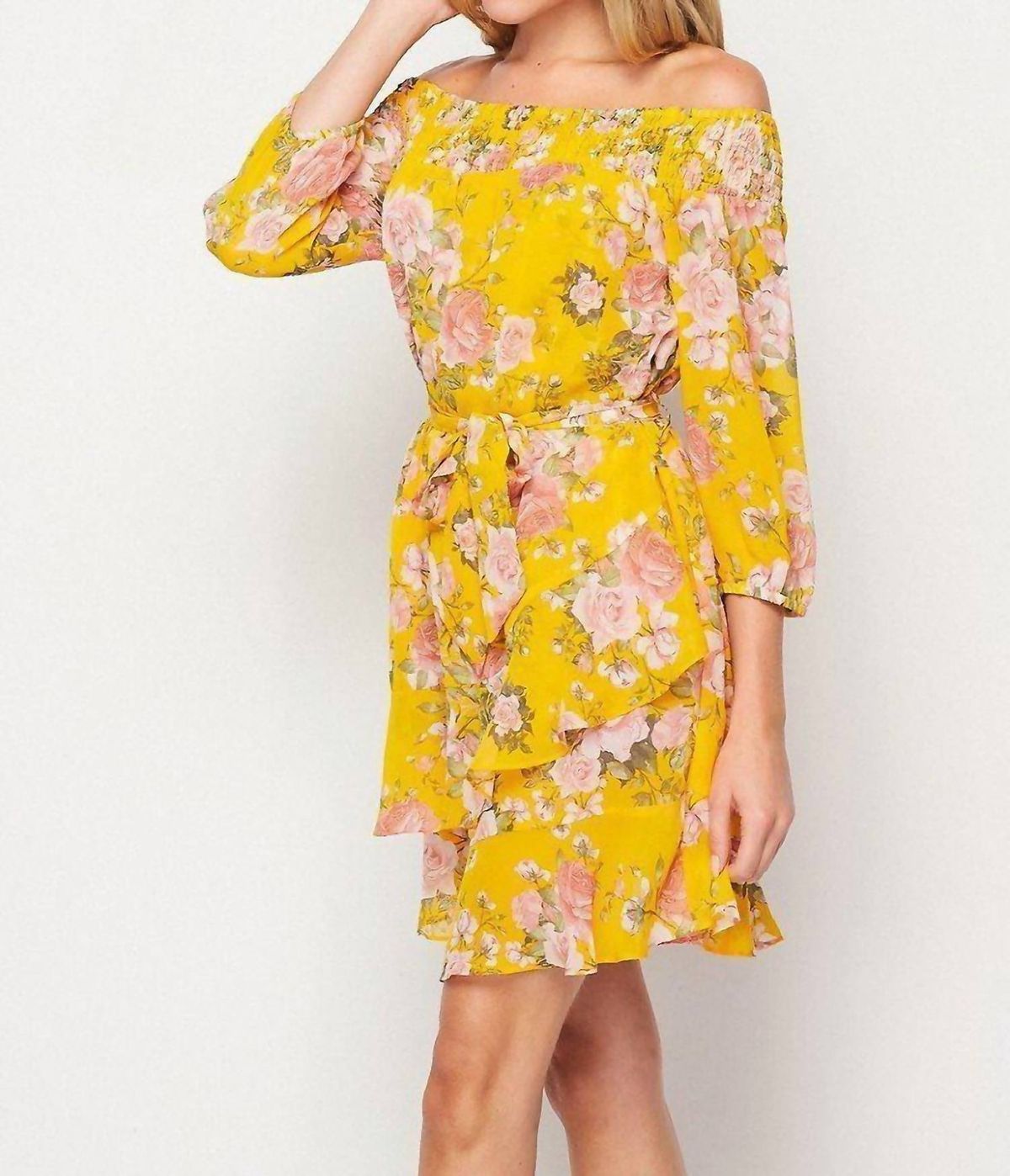 Style 1-3476610291-5498 BIG HIT FASHION Size S Off The Shoulder Floral Yellow Cocktail Dress on Queenly