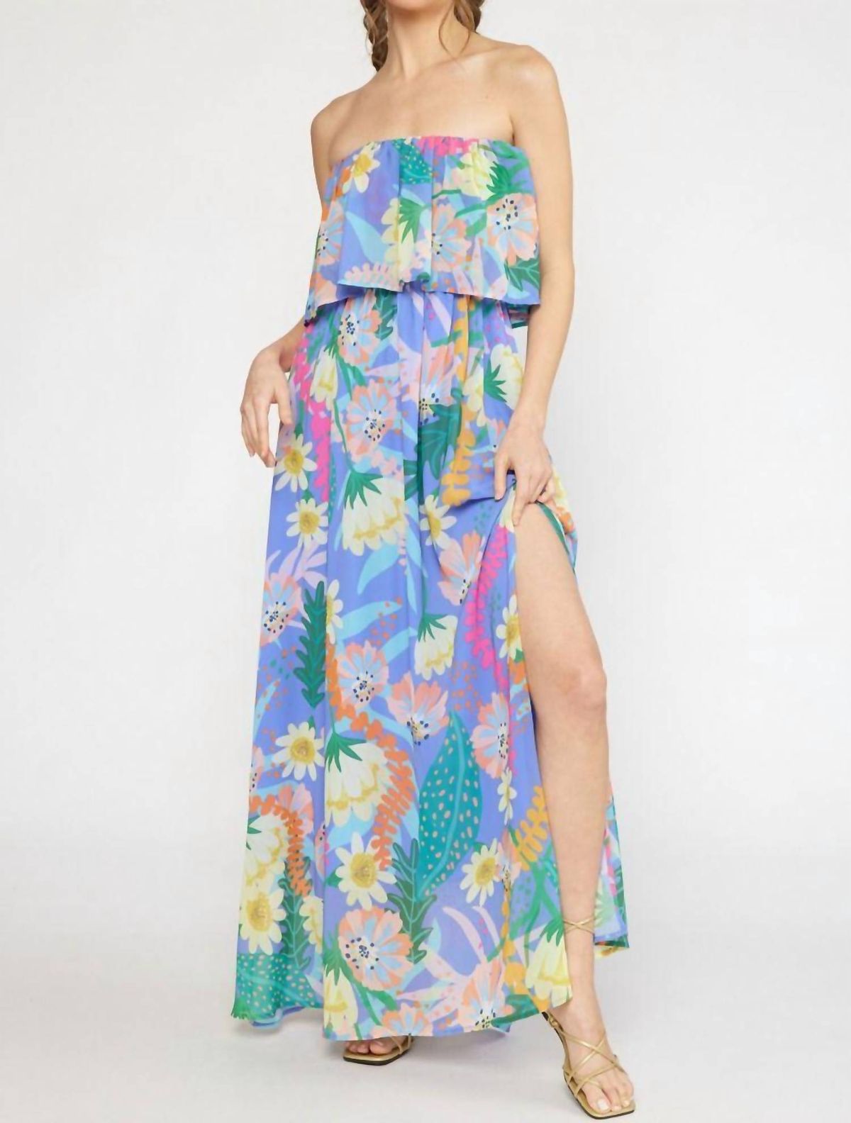 Style 1-1334146934-3236 entro Size S Strapless Floral Blue Side Slit Dress on Queenly