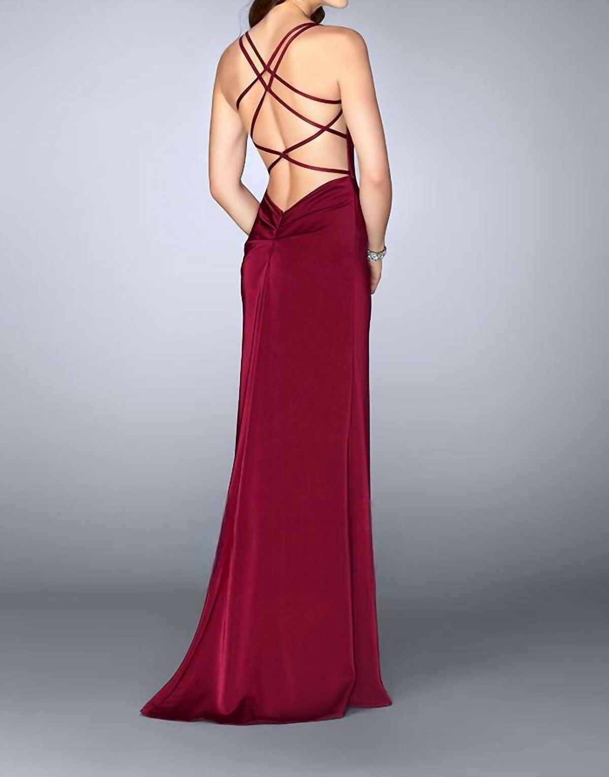 Style 1-1212074023-238 La Femme Size 12 Burgundy Red Side Slit Dress on Queenly