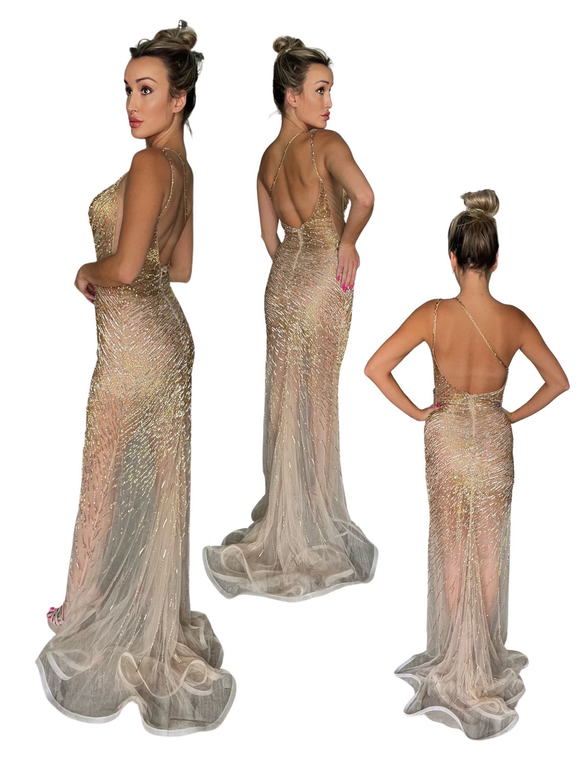 Jovani Size 0 Prom One Shoulder Sheer Gold Side Slit Dress on Queenly