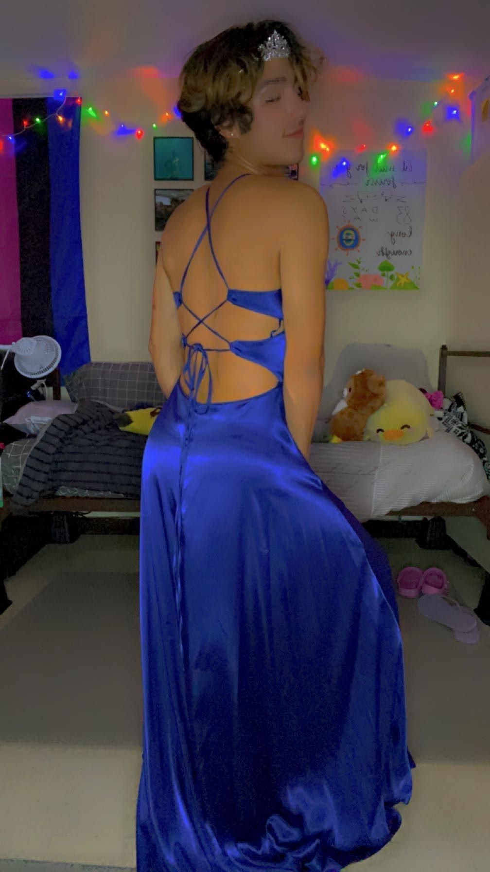 Zara Size 4 Prom High Neck Blue Dress With Train on Queenly