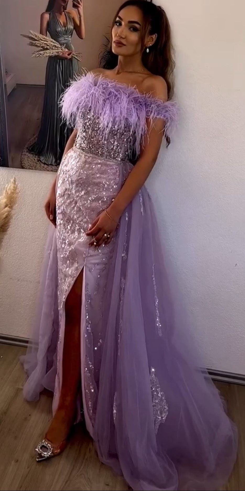 Size 8 Prom Off The Shoulder Sequined Purple Side Slit Dress on Queenly