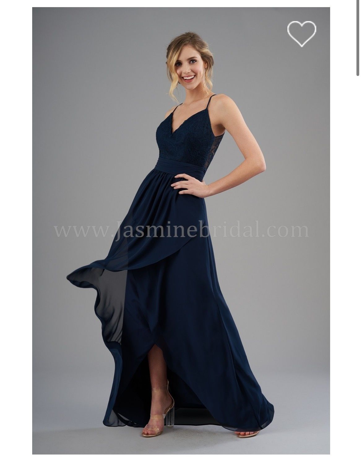 Style B203064 Jasmine Size 14 Bridesmaid Plunge Lace Navy Blue A-line Dress on Queenly
