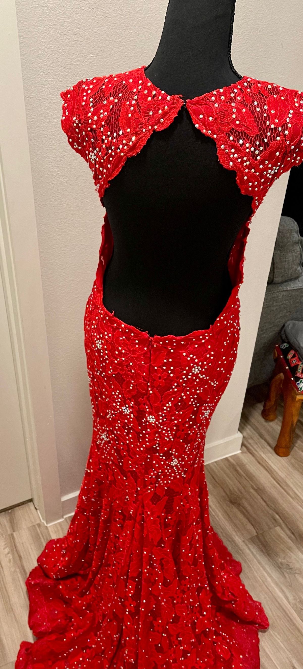 Jovani Size 4 Prom High Neck Sequined Red Mermaid Dress on Queenly