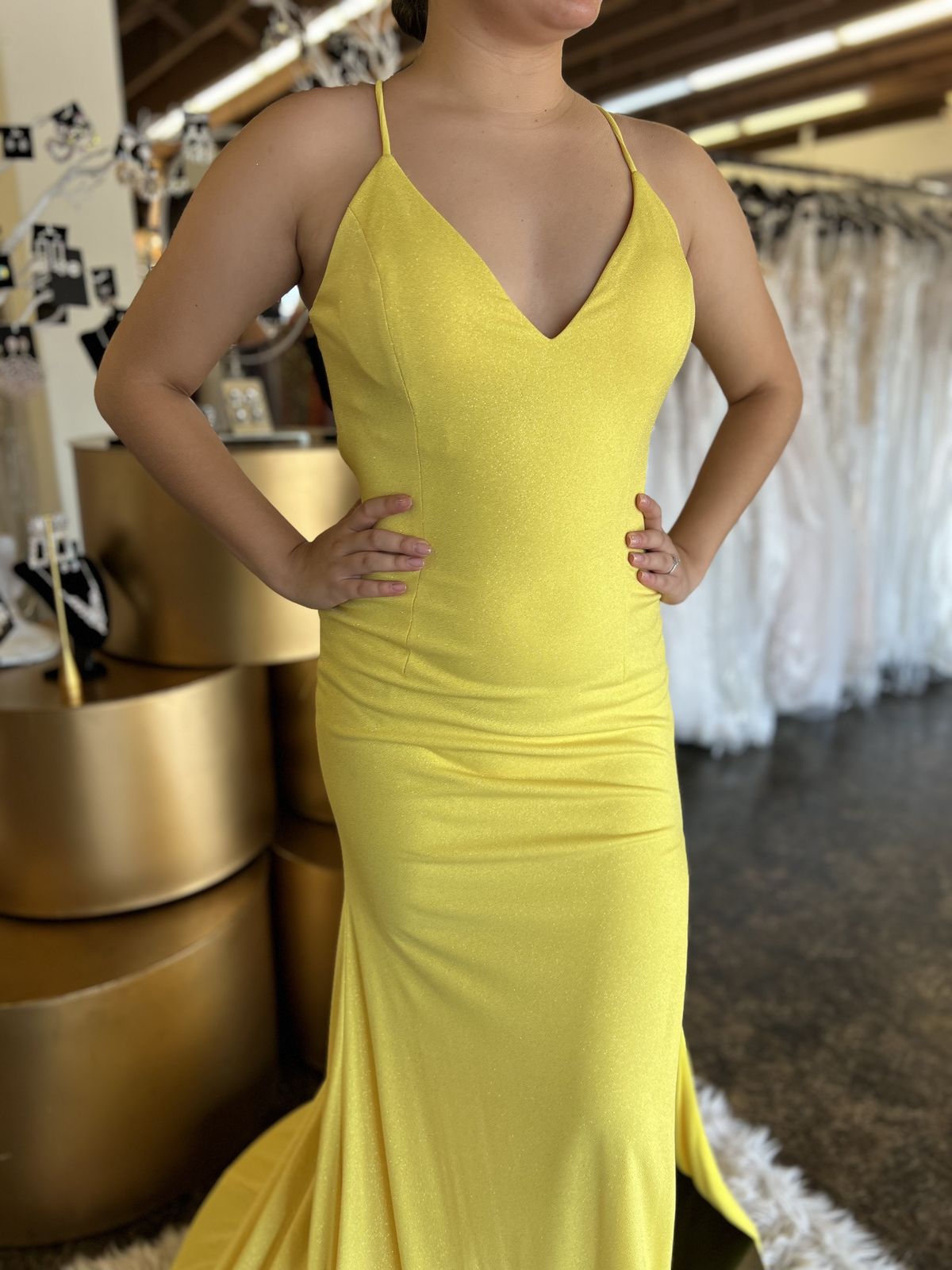 Style 08153a Jovani Size 6 Plunge Yellow Mermaid Dress on Queenly