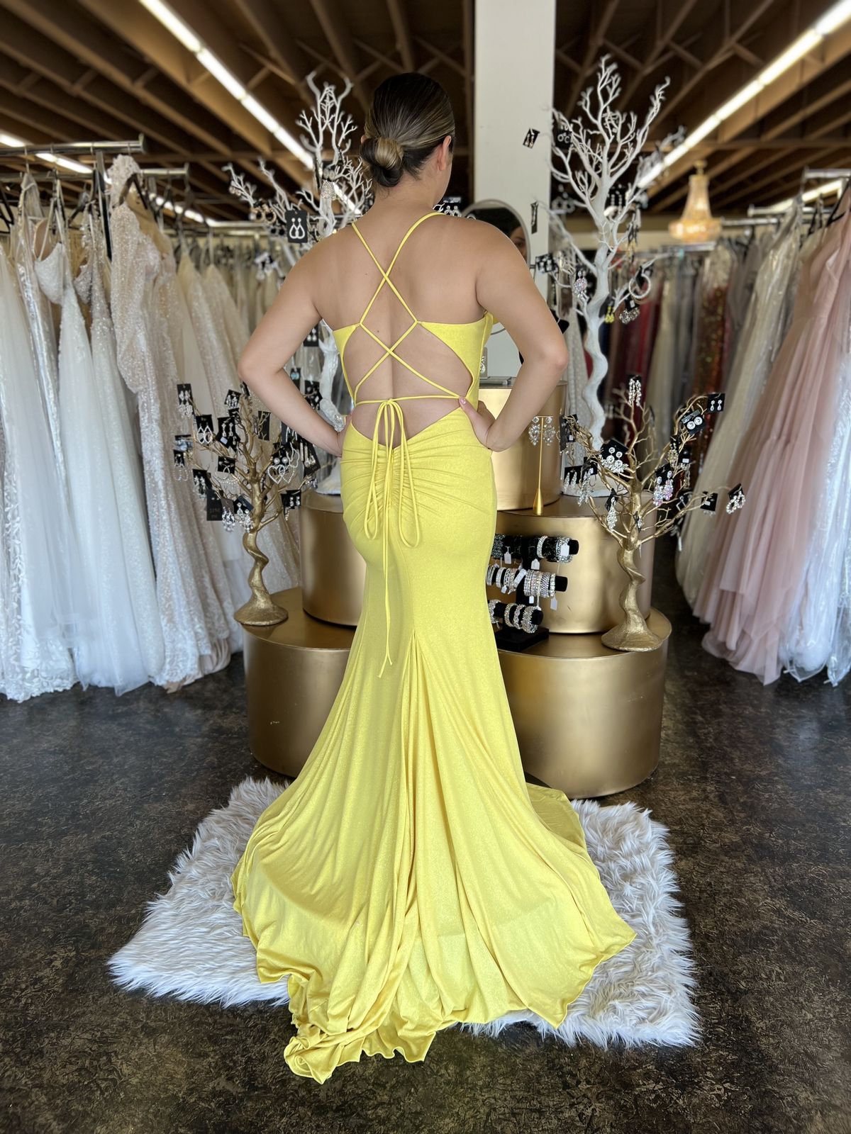 Style 08153a Jovani Size 6 Plunge Yellow Mermaid Dress on Queenly