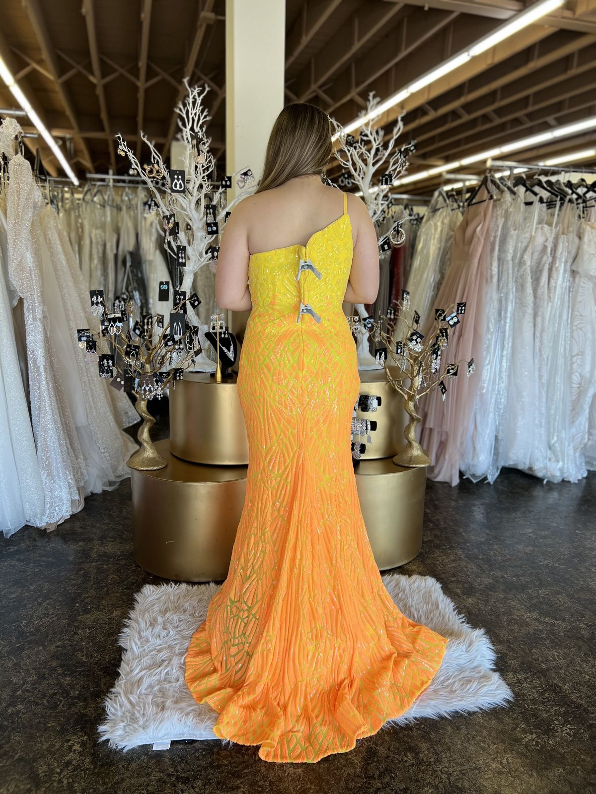 Style 06469a Jovani Size 14 Pageant One Shoulder Yellow Mermaid Dress on Queenly