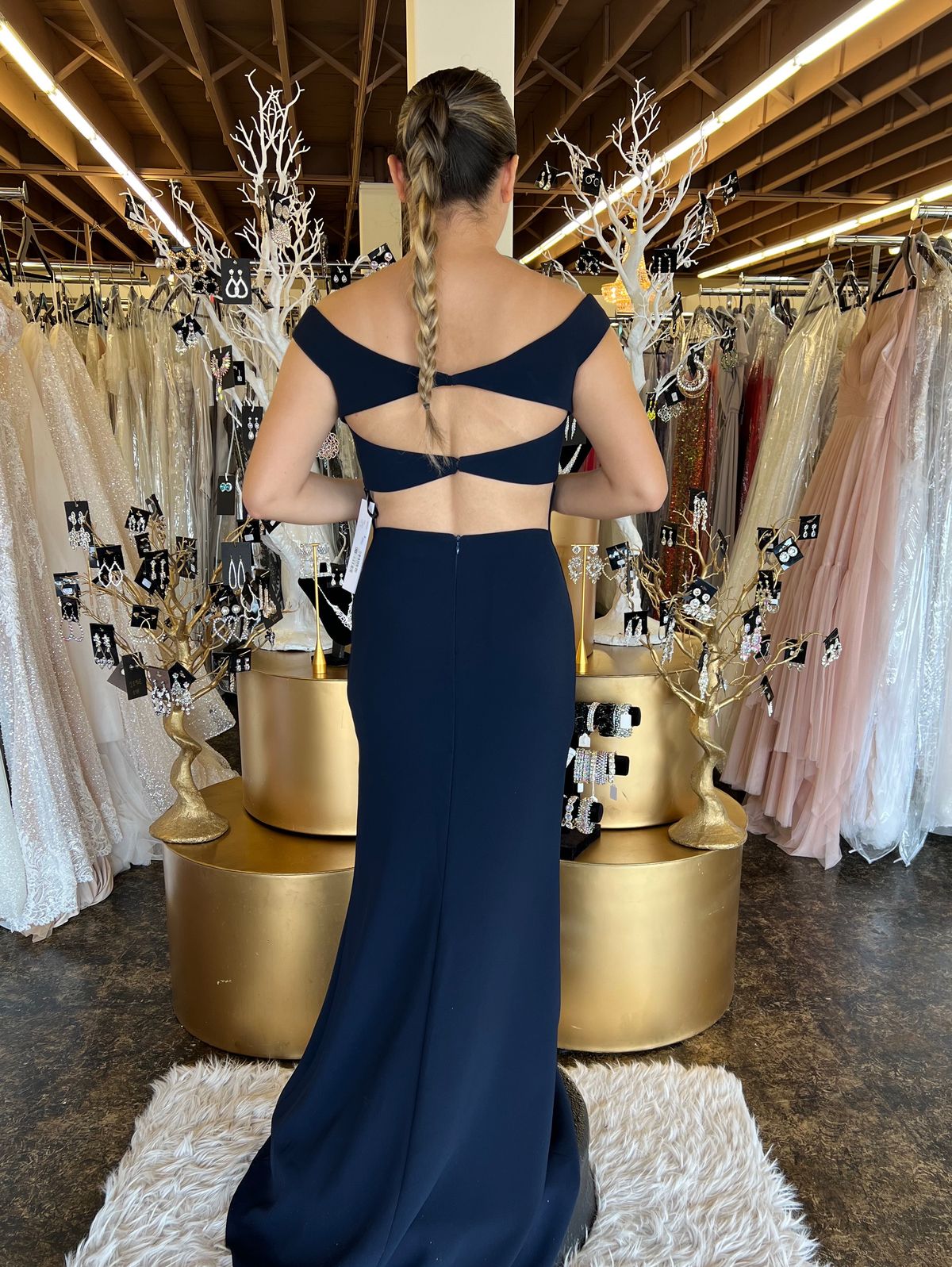Style 22345 Jovani Size M Off The Shoulder Navy Blue Mermaid Dress on Queenly