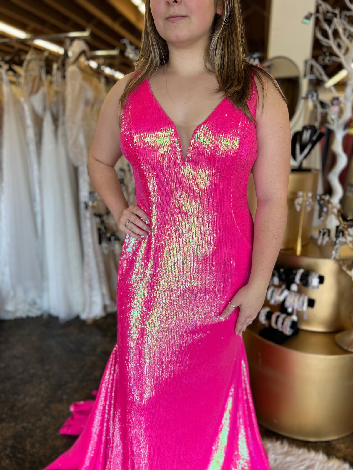 Style 09113A Jovani Size 14 Prom Plunge Hot Pink Mermaid Dress on Queenly