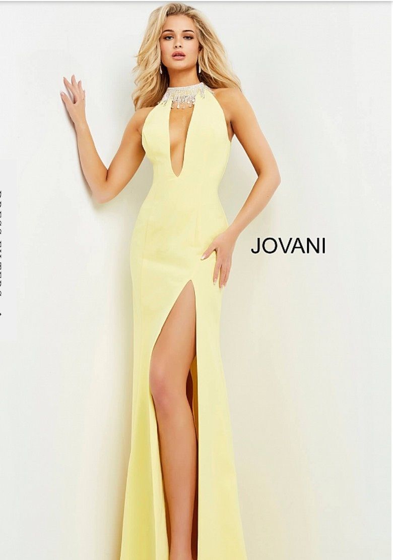 Style 02461 Jovani Size 2 Prom Halter Yellow Side Slit Dress on Queenly